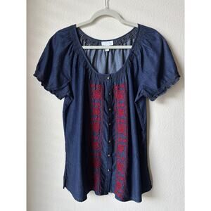 Charter Club Button Up Peasant Blouse Size 14 Navy Red Floral Cowgirl Bohemian